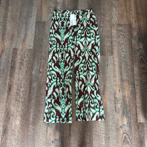 NWT Zara Printed Wide Leg Cotton Pants Sz XS Green & Brown 70s Boho - Picture 4 of 9